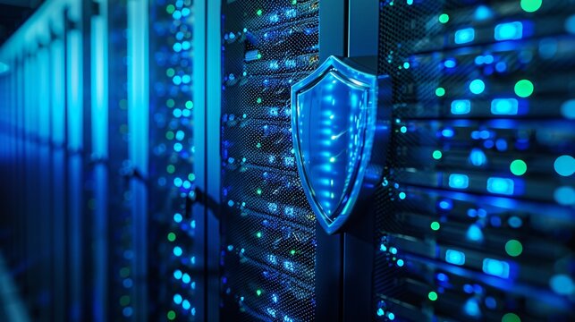 Glowing Cybersecurity Shield on Data Center Servers