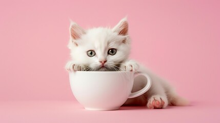White Cat in a Coffee Cup on pink background