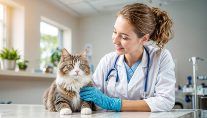 A veterinarian with a cat in a veterinary clinic. - obrazy, fototapety, plakaty