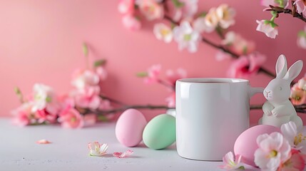 White mug with tea or coffee near pink and green Easter eggs rabbits and flowers on a concrete white table on a pink background