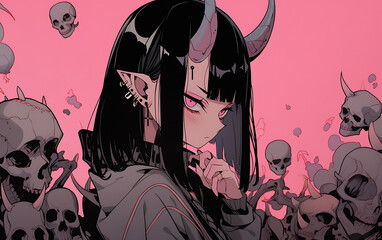 cyberpunk anime girl evil Crazy digital painting. demon woman dark Halloween theme. generative ai	