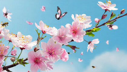 Spring flowers fly on a blue sky background. Beautiful pastel pink flower arrangement. Summer wallpaper - obrazy, fototapety, plakaty
