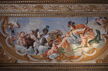 Fototapeta na wymiar Galleria Spada Ceiling Fresco Close Up with Women Symbolizing Continents in Rome, Italy