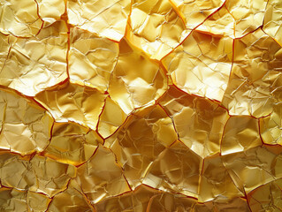 Crumpled golden foil texture with sharp edges and deep shadows, creating a rich and dynamic...