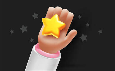 Vector illustration of gesture hand in sleeve hold shine golden star on black color background. 3d style design of man white skin hand and star