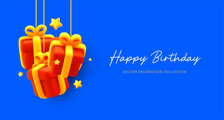 Vector illustration of cartoon red color gift box with golden ribbon hanging by thread and star. 3d style holiday template design of present box and text happy birthday. Festive gift surprise