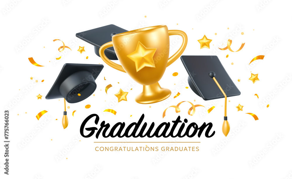 Wall mural Vector illustration of graduate cap and winner cup on white background. 3d style design of congratulation graduates 2024 class with graduation hat and champion cup. Congratulations word - Wall murals