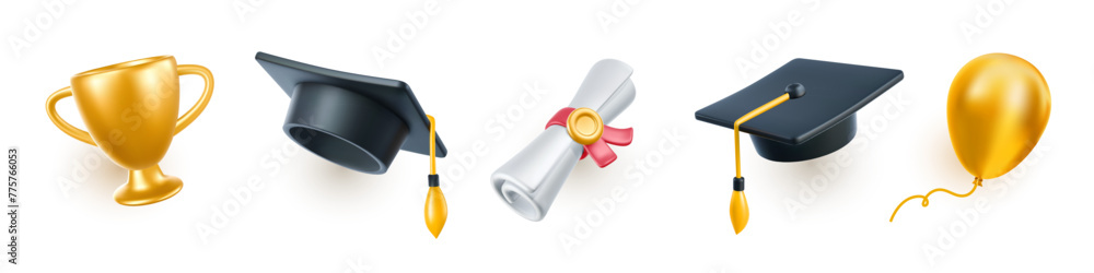 Sticker vector illustration of set of black graduate cap with golden tassel and diploma on white background. - Stickers