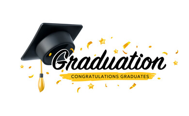 Vector illustration of black graduation hat and word graduation on white background. 3d style design of congratulation graduates 2024 class with graduate cap and congratulations word