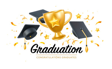 Vector illustration of graduate cap and winner cup on white background. 3d style design of congratulation graduates 2024 class with graduation hat and champion cup. Congratulations word
