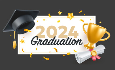 Vector illustration of graduate cap and diploma on black background. 3d style design of congratulation graduates 2024 class with graduation hat and winner cup. Graduation word