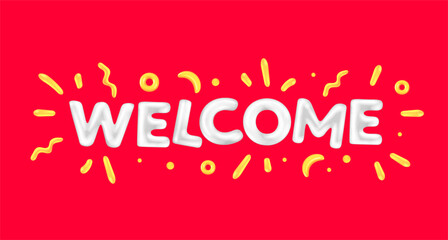 Vector greeting illustration of cartoon white color word welcome with confetti. 3d style design of shine letter welcome on red color background