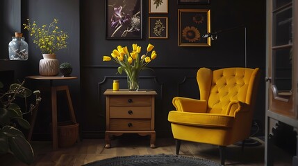 Yellow flowers on wooden table in dark living room interior with posters above armchair