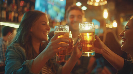 Cheerful young people in a bar, clinking beer glasses, enjoying a friendly gathering,