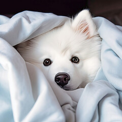 Samoyed dog wrapped in a blanket
