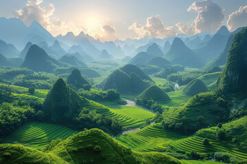 A panoramic view of the Dabie Mountains in China, with mist rising from them and rivers flowing through lush greenery. Created with Ai - obrazy, fototapety, plakaty