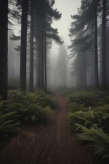 A forest path is shown in the fog, with trees lining both sides