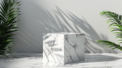 White marble podium with tropical leaves For product display presentations