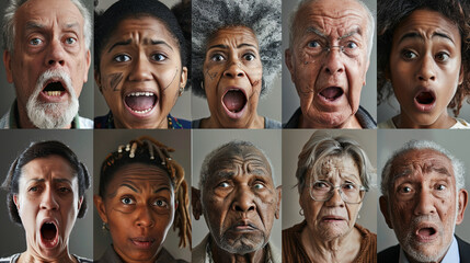 Collage showcasing a range of emotions from multicultural senior and young people, diverse human reactions
