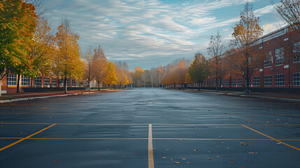 empty parking lot in the fall with upscale brick buildings on a sunny day. empty road in the foreground, Generative Ai