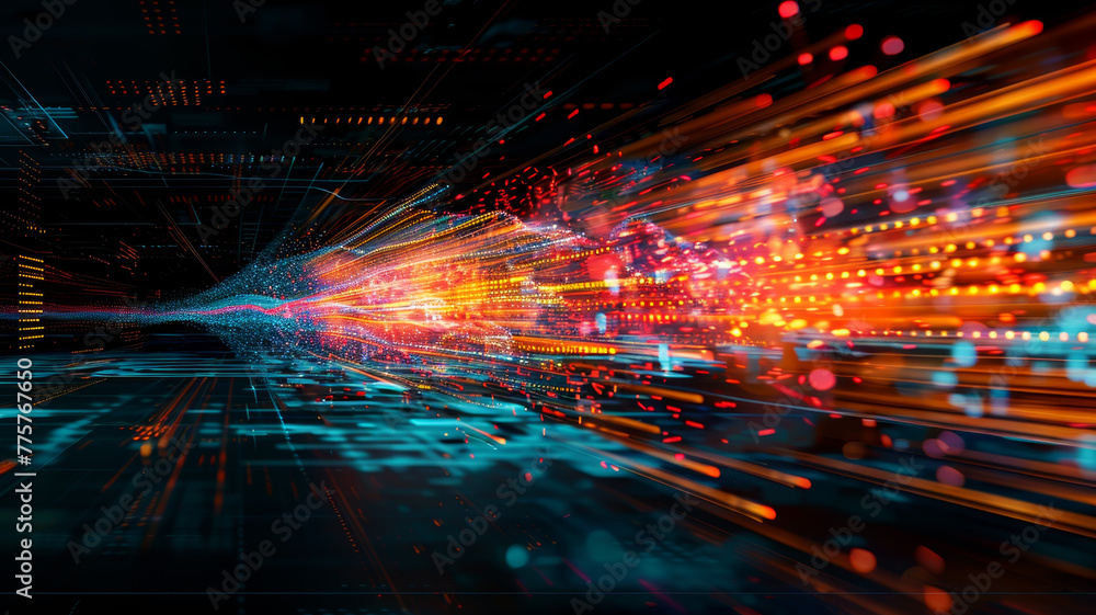 Poster vivid colors and light patterns depict a high-speed data stream rushing through a digital tunnel, sy