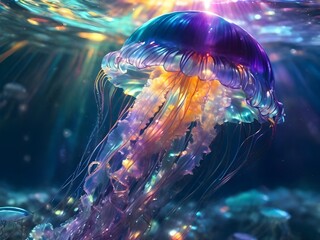 A jellyfish with a purple and yellow body is swimming in the ocean
