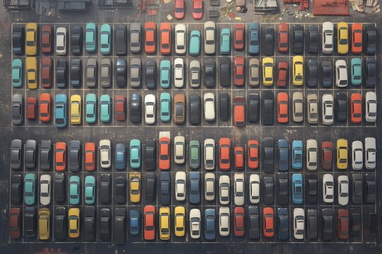 Aerial view of cars parked in rows and columns, showcasing the diversity of colors on different models. 
