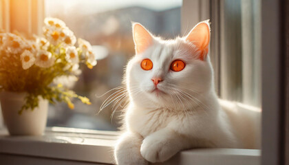  A cute white cat with orange bright eyes and sitting in sunlit windowsill 