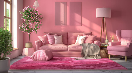 Cozy and modern pink living room interior, complete with elegant sofa, chair, decorative pillows, carpet