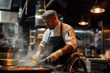 A man in a wheelchair cooks in the kitchen of a restaurant, chef. Disabled person without the ability to move independently. Concept inclusivity at work, healthcare.