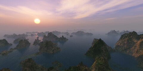 Rocky islands at sunset, Sea sunset over the water surface, 3D rendering