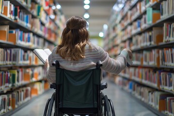 Obraz premium Woman in a wheelchair works in a library as a librarian, searching and ordering books. Disabled person without the ability to move independently. Concept inclusivity at workplace. 