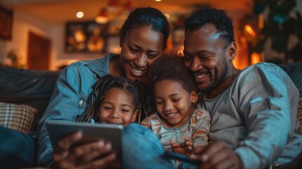 Fototapeta premium African family Happy parents and children sitting on the sofa in the house With a smile while at home watching TV and using the laptop in comfort that warms the heart.
