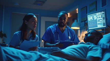 A doctor or medical professional gives compassionate advice and talks to a patient lying in a hospital bed.