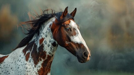 Piebald horse portrait exudes grace in the natural landscape