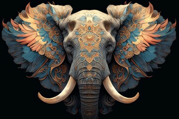 An stylized elephant with intricate patterns on its ears and trunk - obrazy, fototapety, plakaty