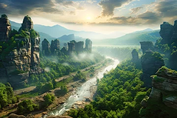 Foto op Canvas Serene Sunrise Over a Misty River Amidst Towering Rock Formations © petro