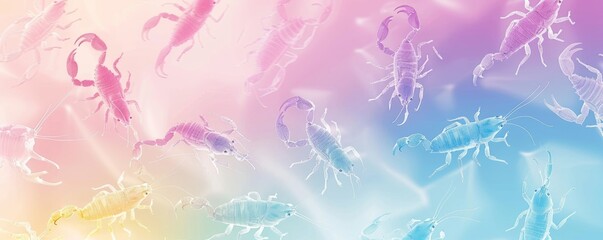 Fototapeta na wymiar soft colors rainbow palette of scorpions animals pattern ,with x-ray effect on a pastel background. 