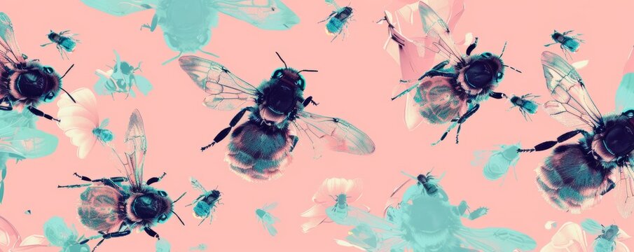 abstract wallpaper of bees pattern on colorful pbackground, soft pastel palette
