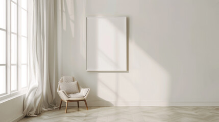 white empty room, big window with white light filtering curtains, one cozy chair, blank photo frame...