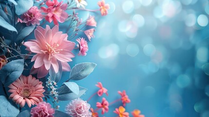 A beautiful pink flower is surrounded by blue leaves and pink flowers