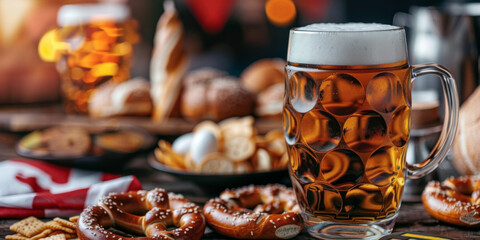 Fototapeta premium A soccer ball against the background of the national flag of Germany on the table. Glass of Beer, pretzels, snacks