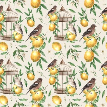 Seamless pattern of yellow lemons, leaves, birds and copper vintage cage on a beige background. Watercolor drawing in vintage style. Drawing for interior, cards, wedding design, invitations, textiles.