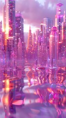 A cityscape is reflected in a puddle , creating a surreal and dreamy atmosphere