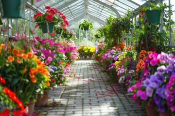 Flowers Colorful. Spring Greenhouse with Blooming Potted Plants and Colorful Flowers