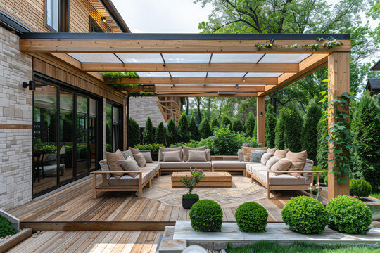 A modern outdoor living area with wooden flooring, seating arrangements and large sofa set under an openair structure made of steel beams and wood accents. Created with Ai