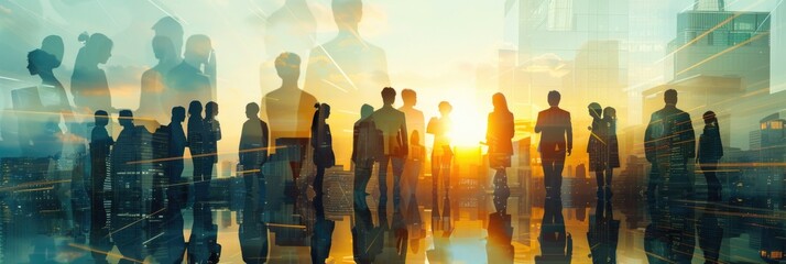 Business People Background. Double Exposure of Silhouettes in City Office Setting