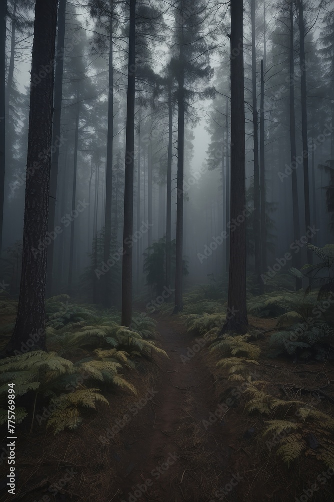 Poster a forest path is shown in the dark with trees in the background