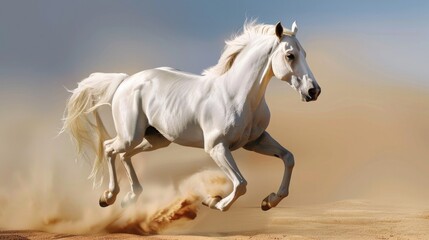 Beautiful Animal. Majestic White Arabian Horse Galloping in Desert