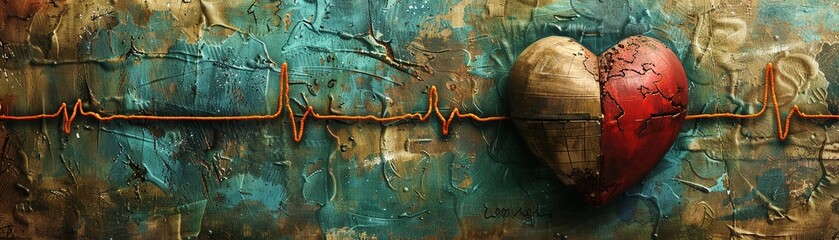 A heart-Earth with a fabric texture and a stitched pulse line for a handmade feel - obrazy, fototapety, plakaty